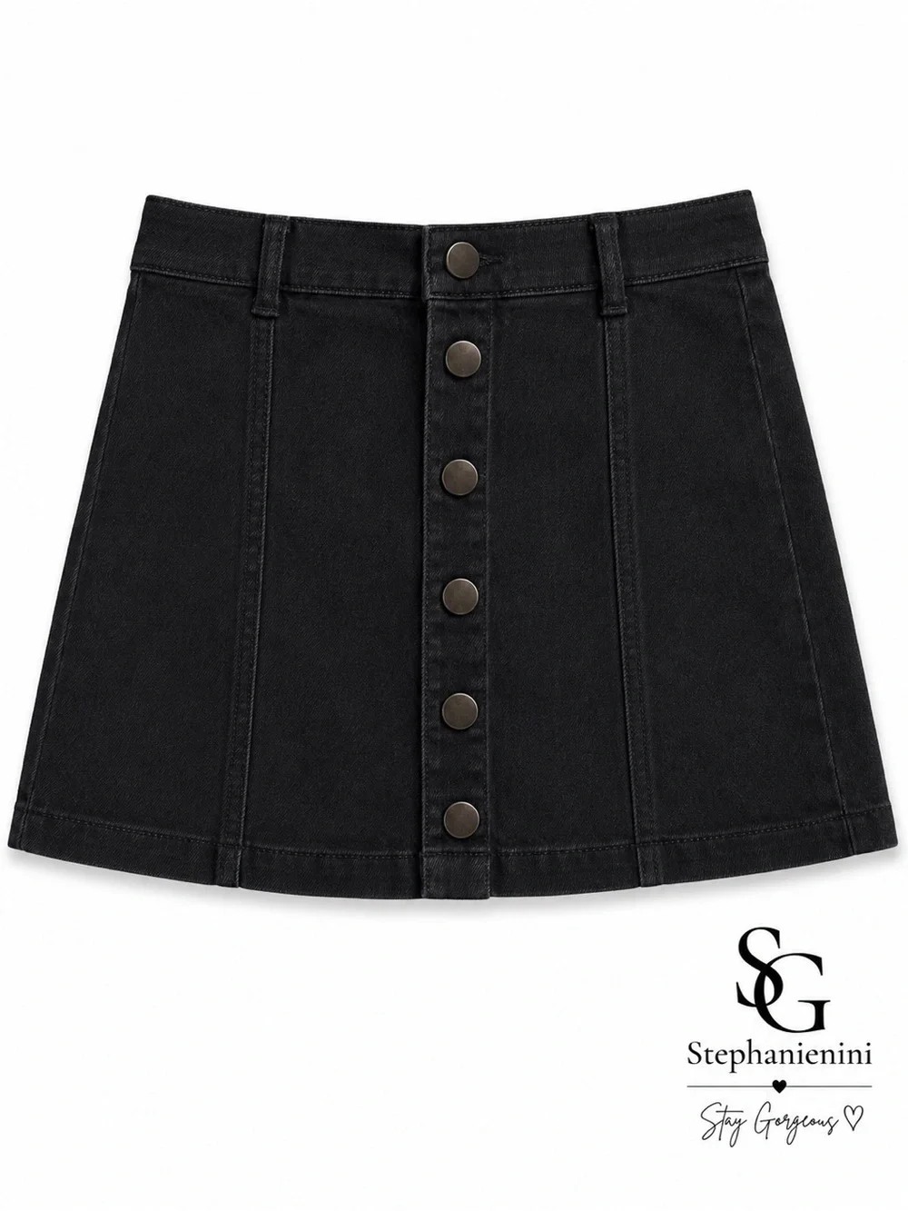 Black Denim Button Front A-Line Mini Skirt